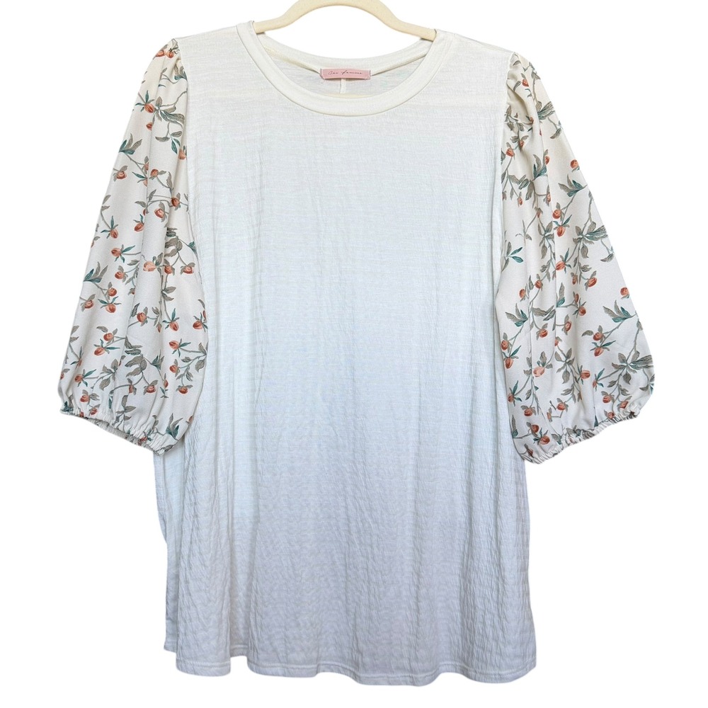 Ces Femme Floral Puff Sleeve Textured Top Cream - XL (NEW)